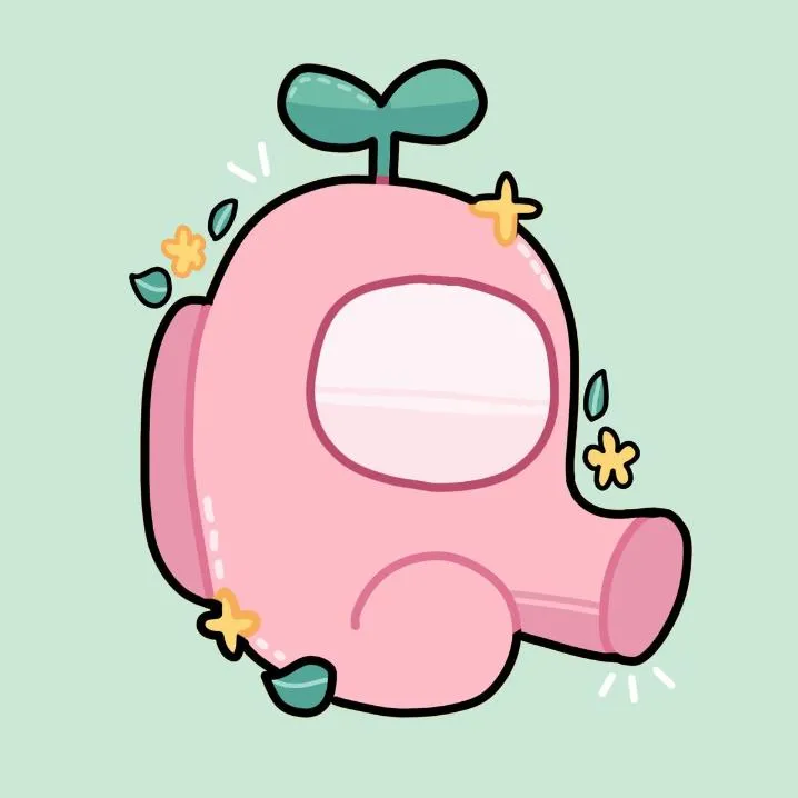 Among Us PFP #17: A pink crewmate with a green leaf sprout on its head is surrounded by yellow sparkles and leaves on a mint green background.