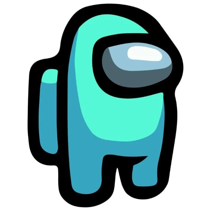 Among Us PFP #18: A cyan crewmate with a pale blue visor and a backpack stands in a thick black outline on a plain white background.