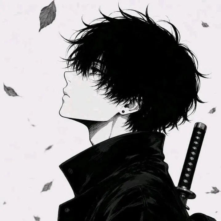 Anime PFP #21: A black haired boy in a high collared black coat with a katana on his back looks up as grey leaves drift past.