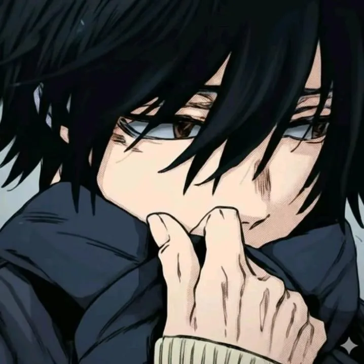 Anime PFP #22: A black haired figure with tired brown eyes pulls a dark navy scarf up to the chin in coloured manga style.
