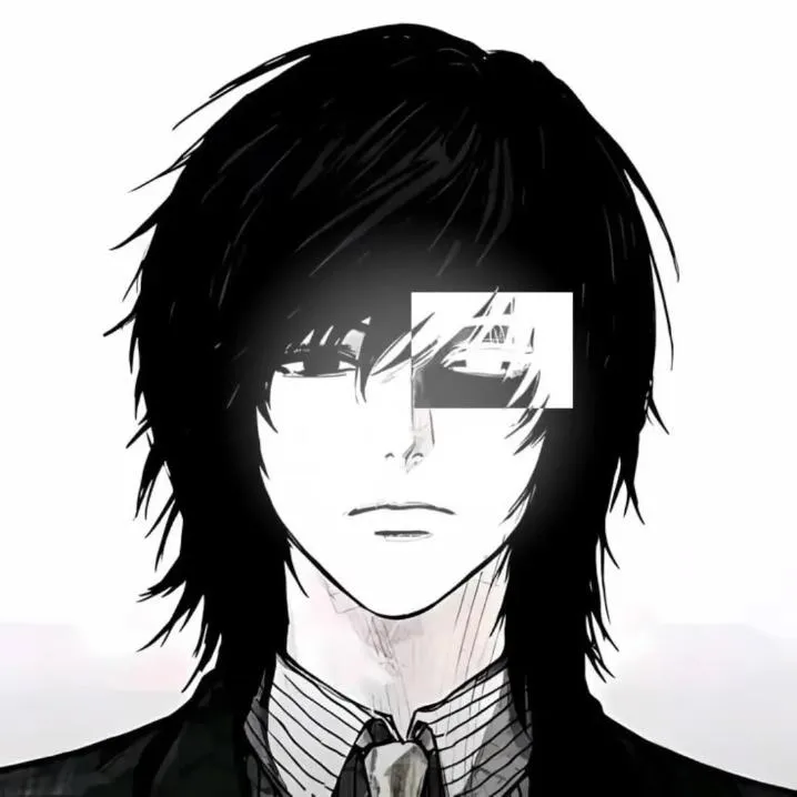 Anime PFP #23: A black and white manga boy with shaggy black hair wears a suit and striped tie, one eye covered by a white glitch block.