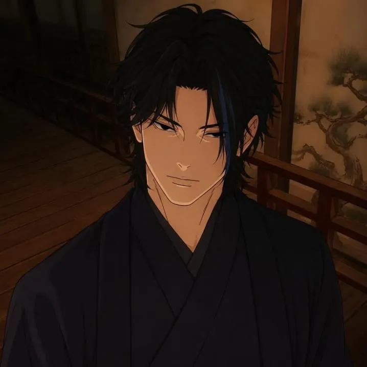 Anime PFP #24: A man with messy black hair and a blue streak wears a black kimono on a dim wooden veranda beside a painted pine screen.