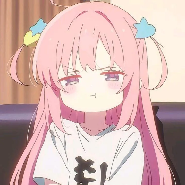 Anime PFP #26: A pink haired girl with blue and yellow star clips puffs out her cheeks in a sulky pout, wearing a white T-shirt.