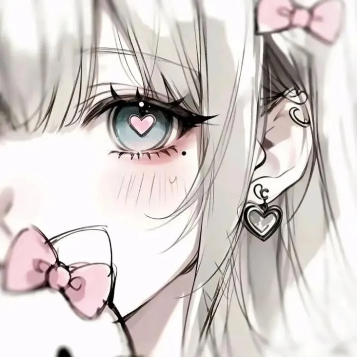 Anime PFP #27: A close up of a white haired girl with a pink heart in her blue eye, pink bows and a silver heart earring.