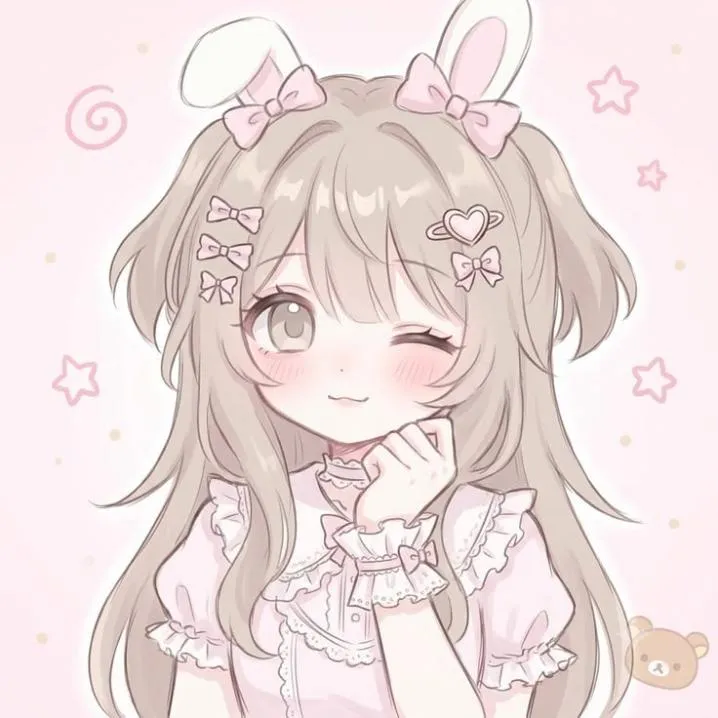 Anime PFP #28: A light brown haired girl with bunny ears and pink bows winks and rests her chin on her hand against a pastel pink background.