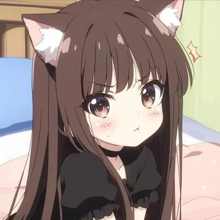 Anime PFP #29: A brown haired girl with cat ears and a black choker pouts with puffed cheeks in a bedroom with a blue pillow.