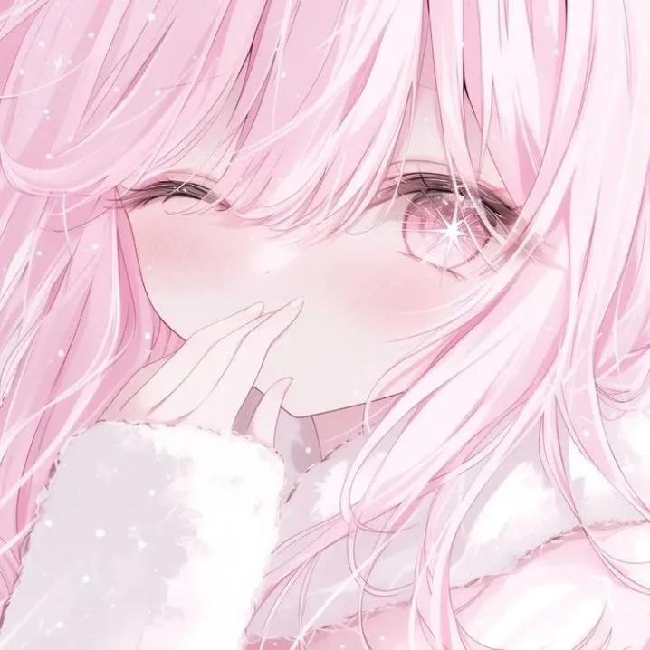 Anime PFP #30: A soft pink haired girl with sparkling pink eyes covers her mouth with one hand, wrapped in a fluffy white sleeve.