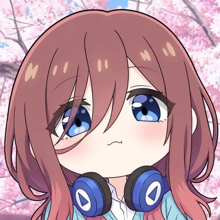 Anime PFP #31: A chibi Miku Nakano with long auburn hair and big blue eyes wears blue headphones around her neck under pink cherry blossoms.