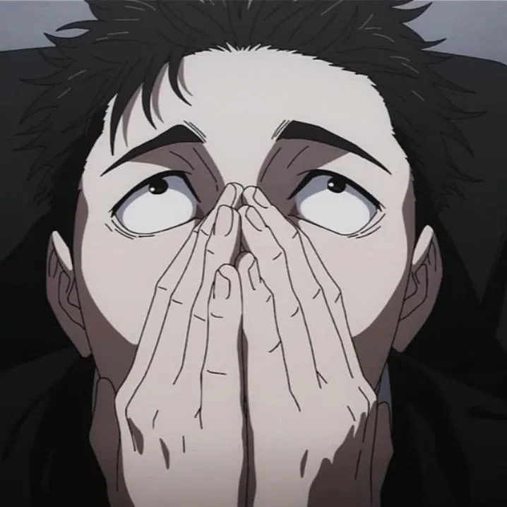 Anime PFP #32: Okabe Rintaro with messy black hair presses his palms together over his nose and mouth, eyes rolled up toward the ceiling.