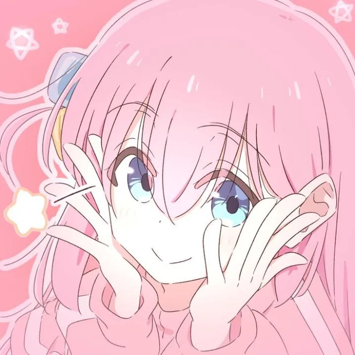 Anime PFP #34: A soft pastel drawing of Bocchi smiling with both hands on her cheeks, surrounded by pink stars and sparkles.