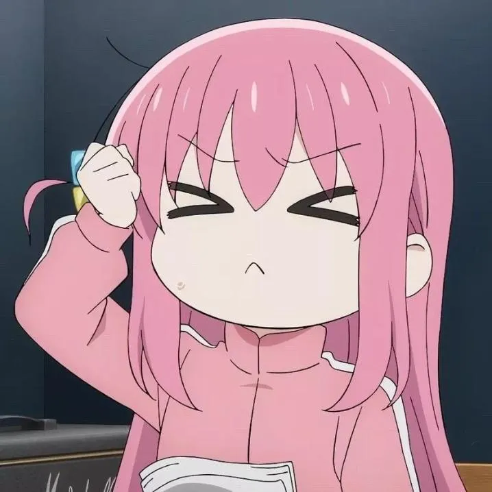 Anime PFP #35: Hitori Gotoh in a pink track jacket squeezes her eyes shut and clutches the side of her head with one fist.