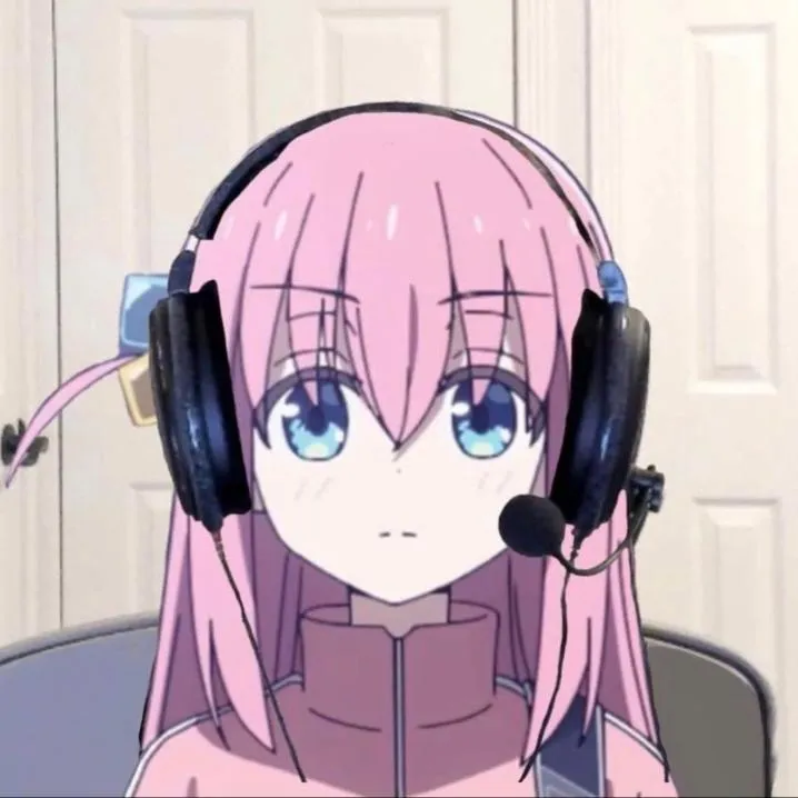 Anime PFP #36: Hitori Gotoh wears a black gaming headset with a microphone over her long pink hair, staring ahead in front of a white door.