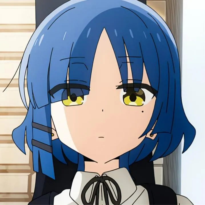 Anime PFP #37: Ryo Yamada with a blue bob, yellow eyes and black hair clips gives a deadpan stare in a white shirt with a black ribbon.