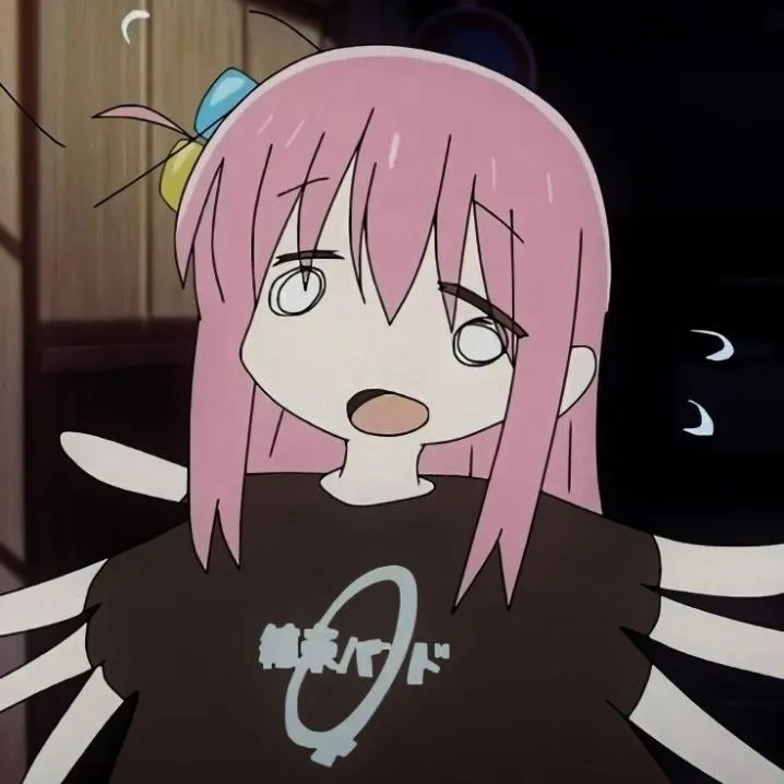 Anime PFP #38: Hitori Gotoh gasps with blank white eyes and an open mouth while many arms flail around her black band T-shirt.