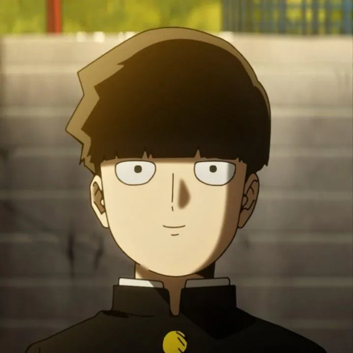 Anime PFP #39: Shigeo Kageyama with a black bowl cut and a black school uniform gives a small, faint smile in warm golden light.