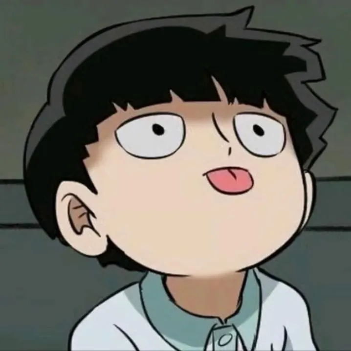 Anime PFP #40: Mob with a black bowl cut and wide round eyes sticks out his pink tongue in a white collared shirt.