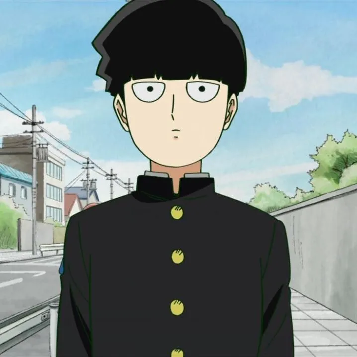 Anime PFP #41: Mob in a black school uniform with gold buttons stands blank faced on a quiet street under a blue sky.