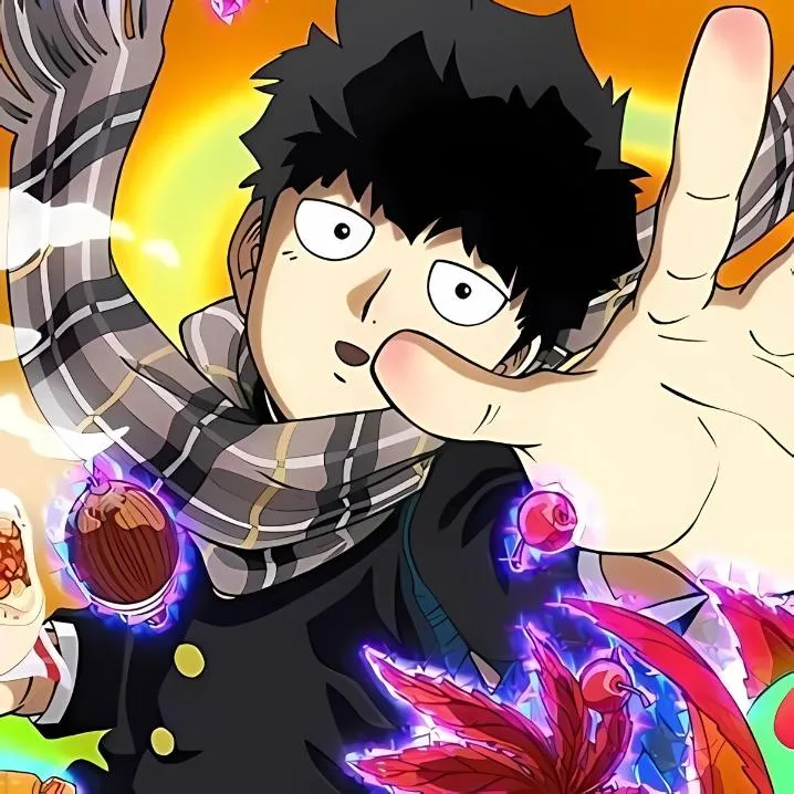 Anime PFP #42: Mob in a grey plaid scarf reaches out one hand amid a bright burst of psychic colour and a glowing red bird.
