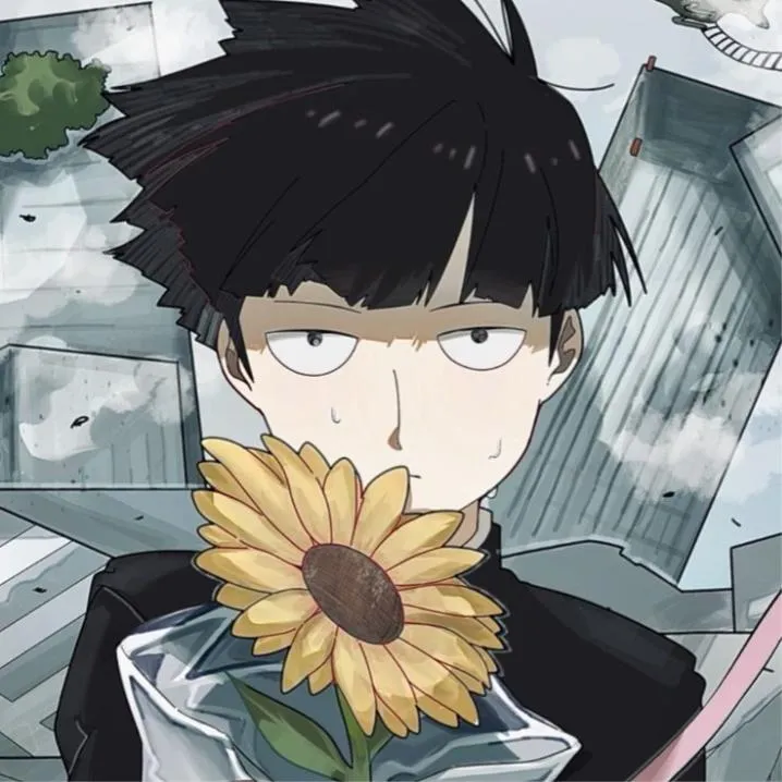Anime PFP #43: Mob with a sweat drop holds a wrapped yellow sunflower in front of his black uniform amid wrecked grey buildings.