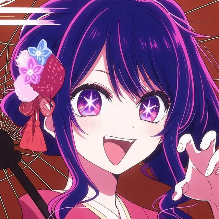 Anime PFP #45: Ai Hoshino with long purple hair, star shaped pupils and flower hair ornaments smiles wide in a red kimono under a paper umbrella.