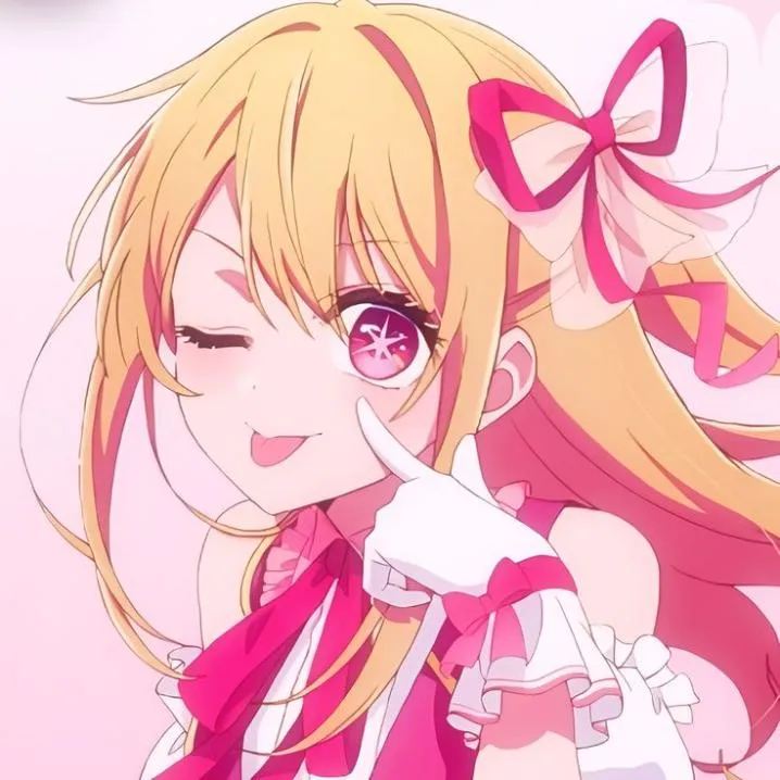 Anime PFP #48: Ruby Hoshino with long blond hair and a pink ribbon winks, sticks out her tongue and points at her star shaped pupil.