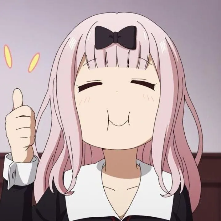 Anime PFP #50: Chika Fujiwara with pale pink hair and a black bow gives a thumbs up with closed eyes and puffed out cheeks.