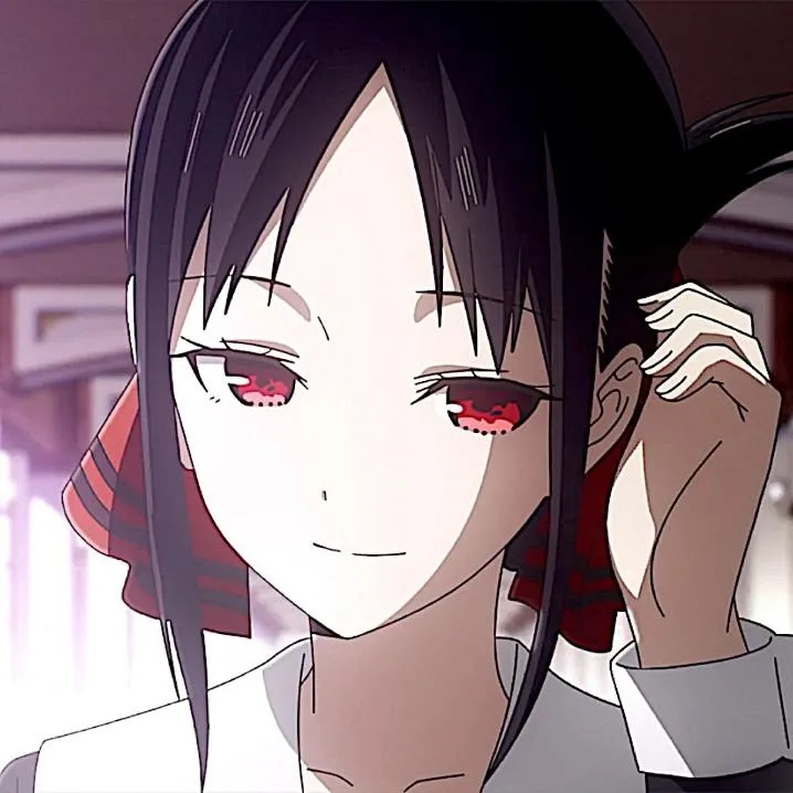 Anime PFP #51: Kaguya Shinomiya with long black hair and red eyes smiles softly with a shadowed face as she touches her hair.