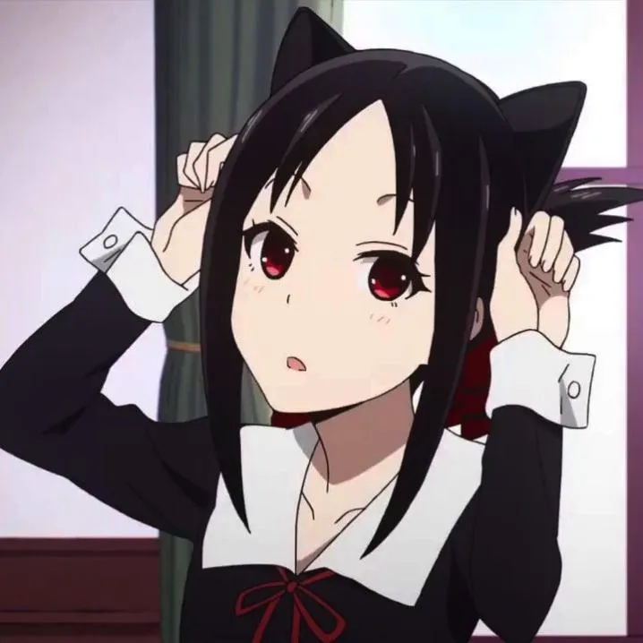 Anime PFP #52: Kaguya Shinomiya wears black cat ears and raises both hands beside her head like paws, looking up with a small open mouth.