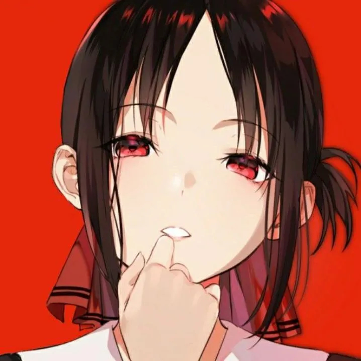 Anime PFP #53: Kaguya Shinomiya with black hair and red eyes touches a finger to her lips and smiles against a bright red background.