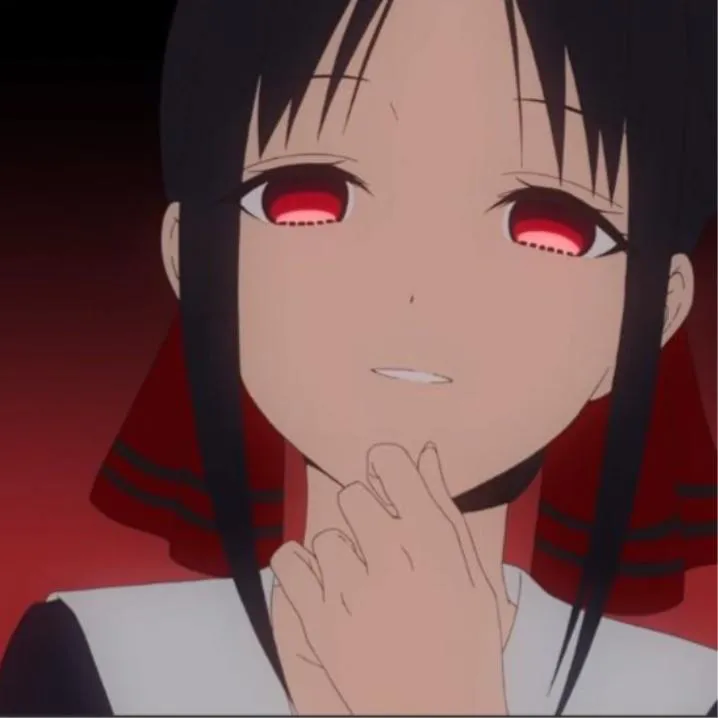 Anime PFP #55: Kaguya Shinomiya with glowing red eyes and a sly grin rests her fingers on her chin in deep red shadow.