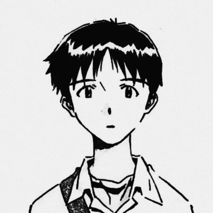 Anime PFP #57: Shinji Ikari with short black hair and a calm, empty expression is drawn in simple black ink lines on white paper.