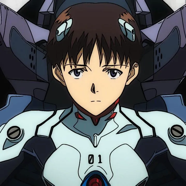 Anime PFP #58: Shinji Ikari with brown hair and grey eyes wears his white and navy plugsuit marked 01, with grey interface clips in his hair.