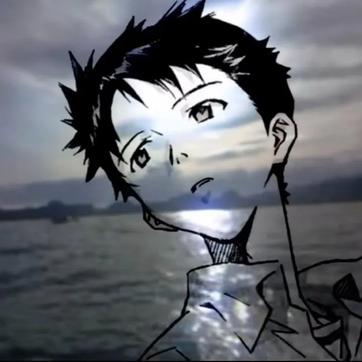 Anime PFP #59: A black ink sketch of Shinji Ikari looking to the side is layered over a photo of a grey sea glinting under clouds.
