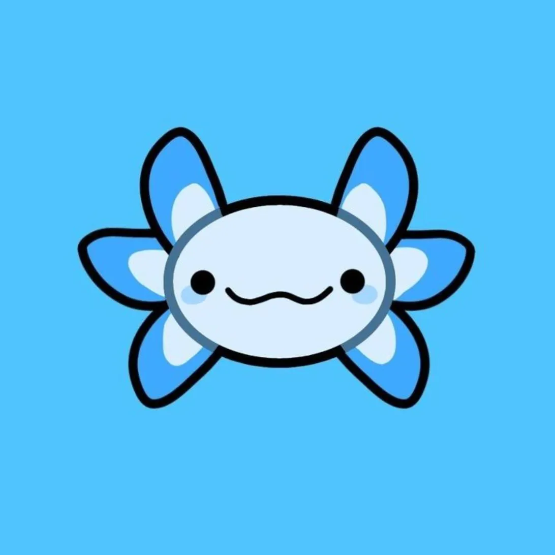 Axolotl PFP #11: A pale blue cartoon axolotl with frilly blue gills, small black eyes and a wavy smile floats on a bright blue background.