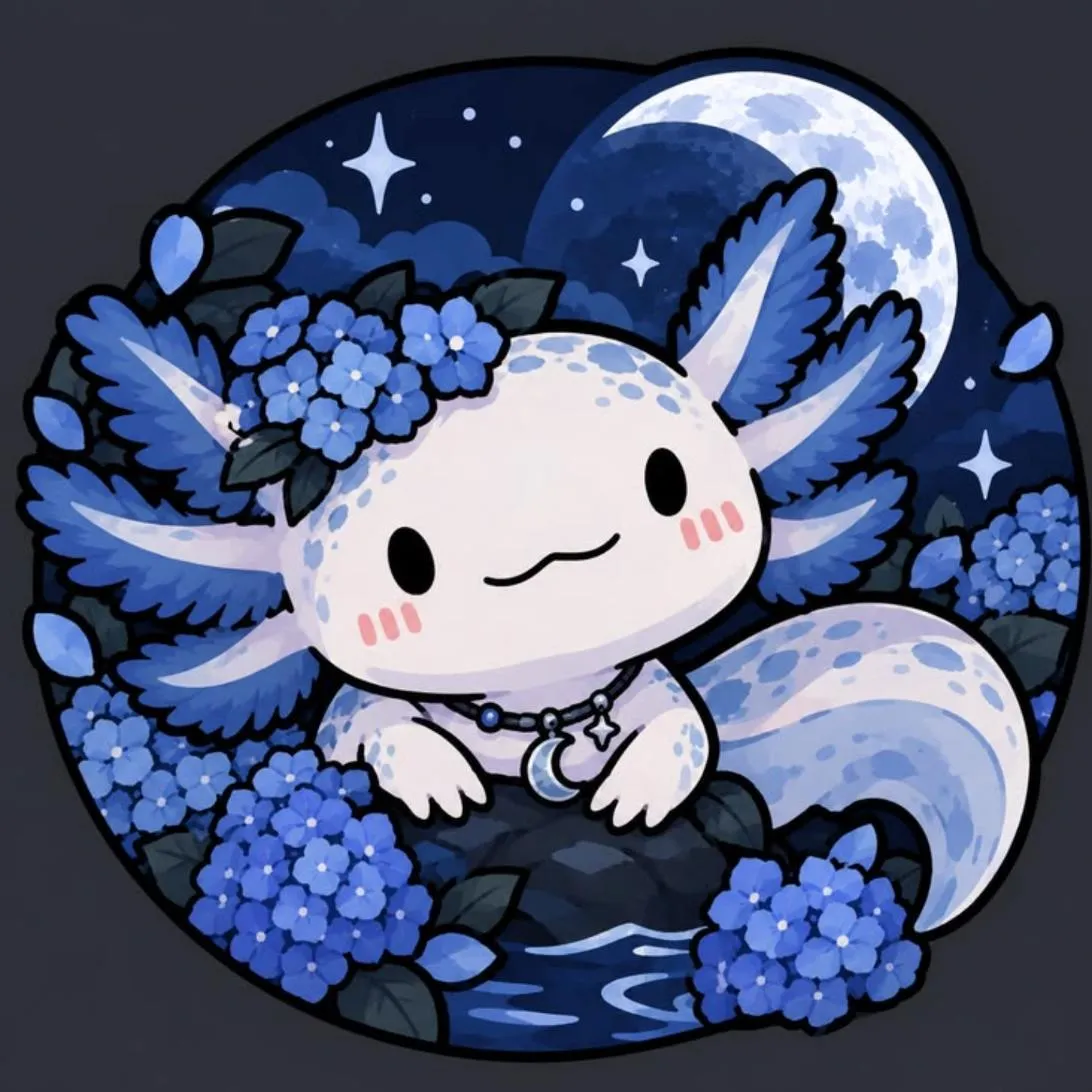 Axolotl PFP #12: A white axolotl with blue speckles and a crescent moon necklace rests among blue hydrangeas under a starry night sky and full moon.