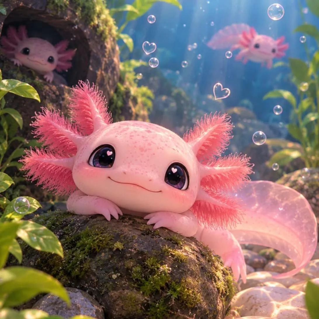 Axolotl PFP #13: A fluffy pink 3D axolotl with big shiny eyes smiles on a mossy rock underwater, with bubbles and two more axolotls behind it.