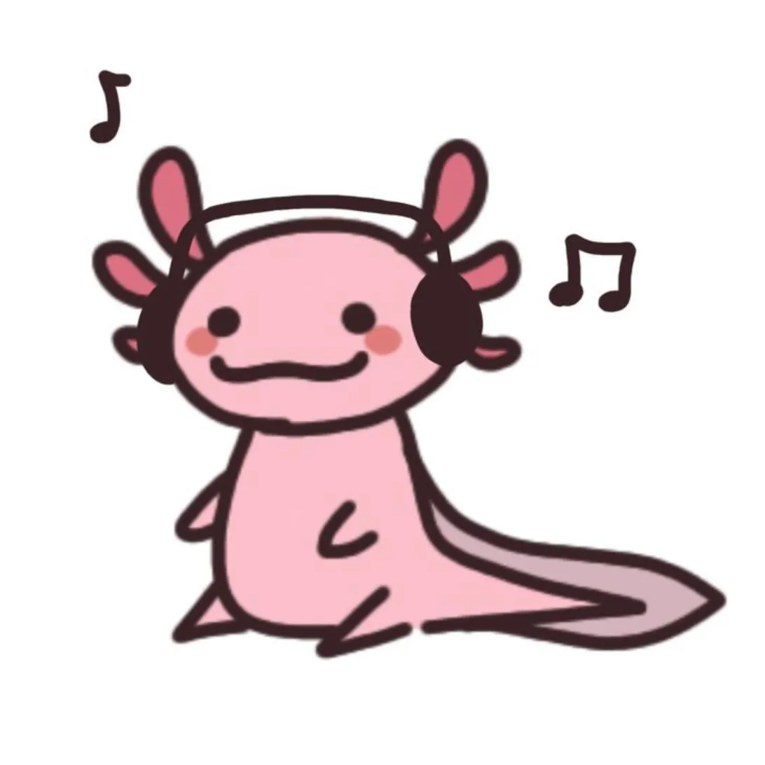 Axolotl PFP #16: A pink cartoon axolotl with blushing cheeks wears black headphones and sits happily with music notes floating around it on white.