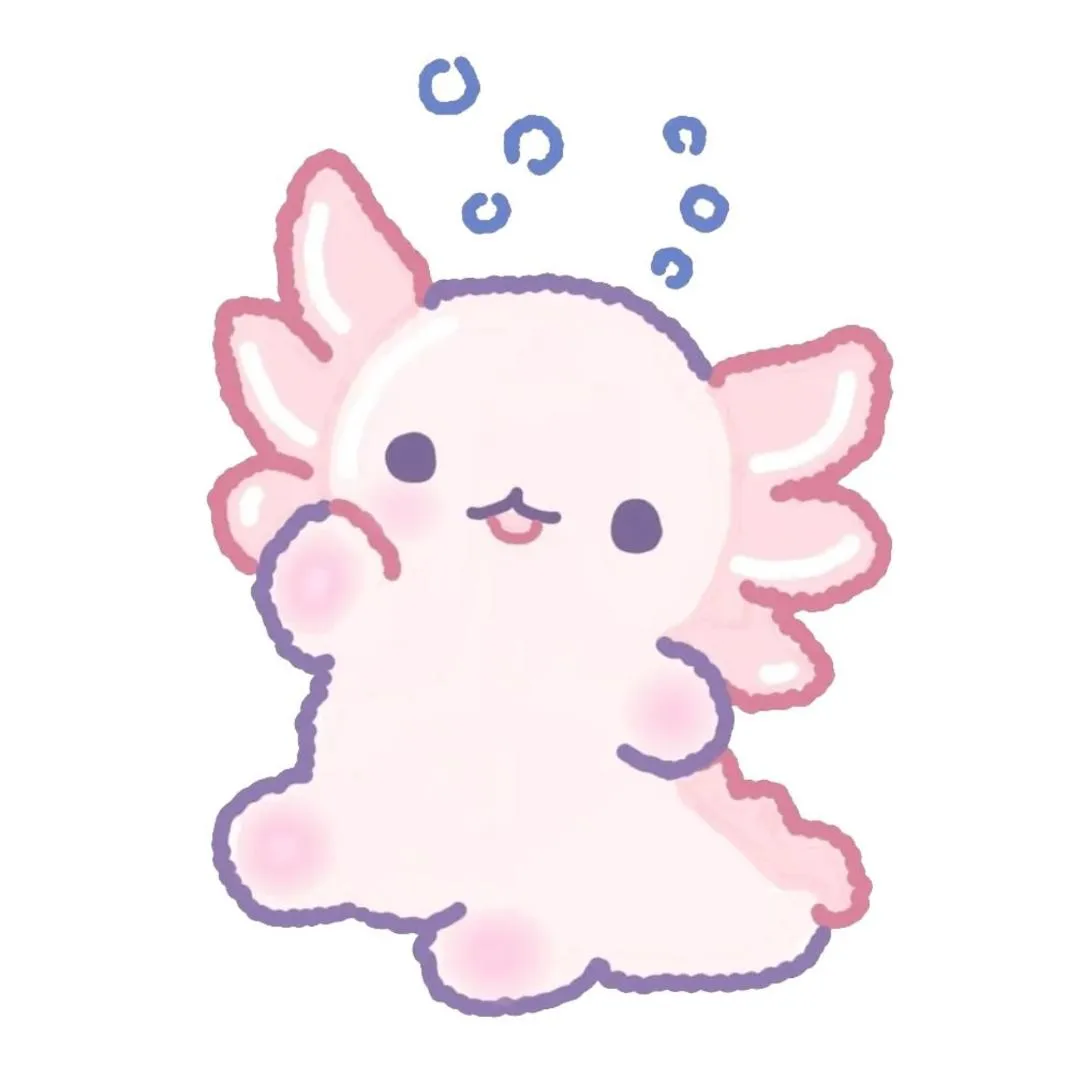 Axolotl PFP #17: A soft pastel pink axolotl with purple outlines and its tiny tongue out raises one paw as little blue bubbles float above its head.