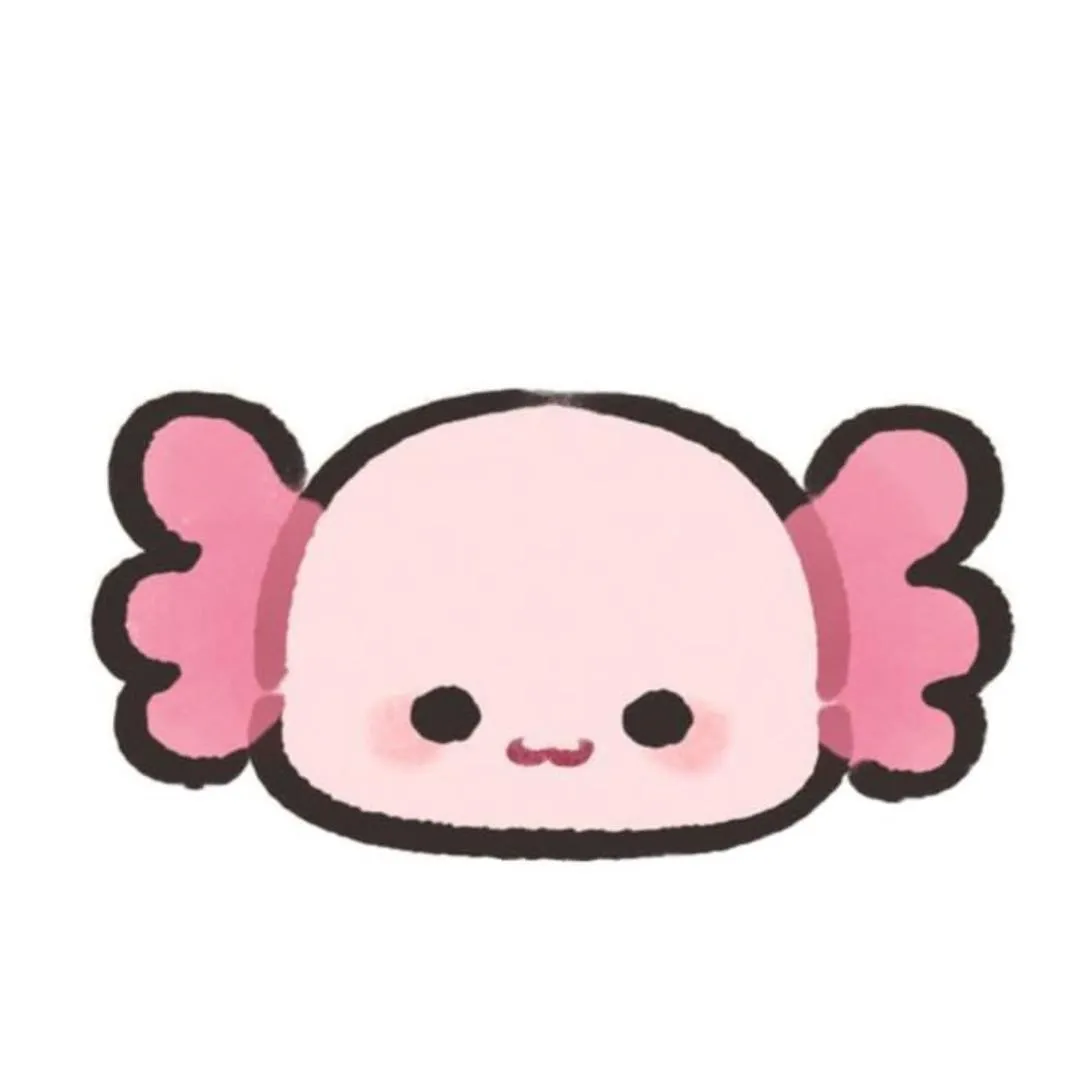 Axolotl PFP #18: A round pink cartoon axolotl head with dark pink frilly gills, tiny black eyes and a little smile sits on a white background.