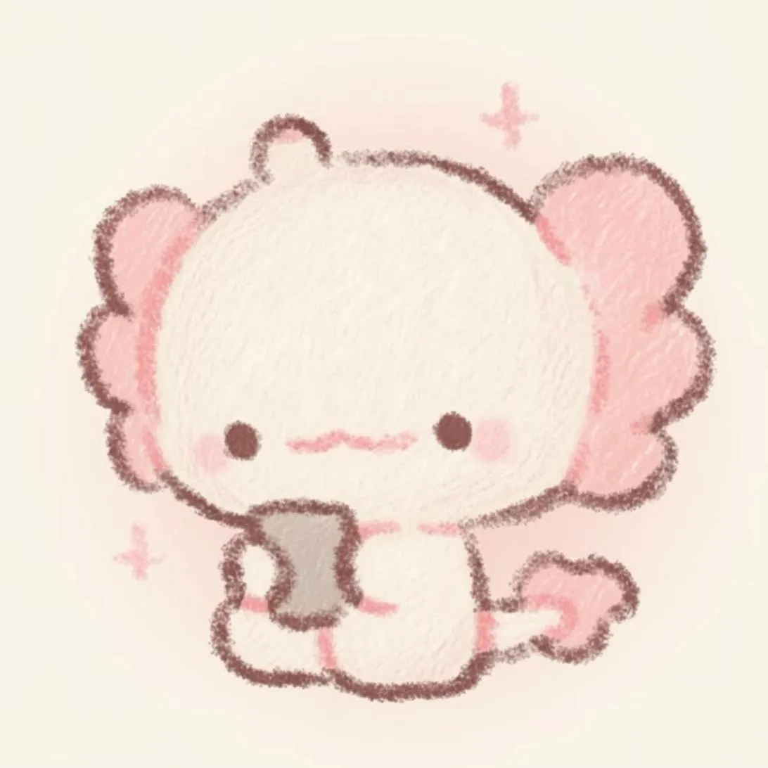 Axolotl PFP #19: A cream and pink axolotl drawn in soft crayon strokes sits with blushing cheeks and holds a small grey phone in its paws.