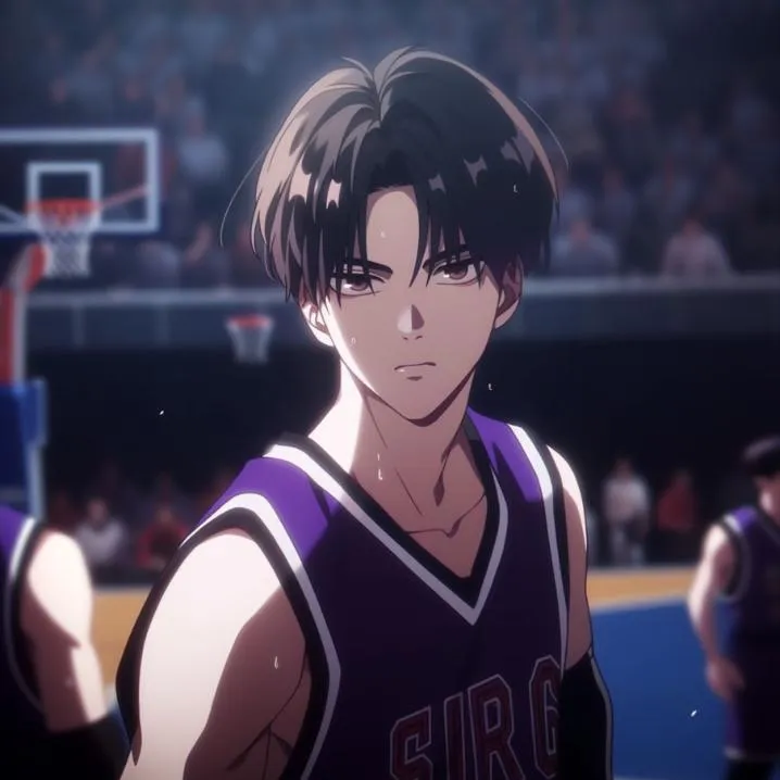 Basketball PFP #19: A dark haired anime player in a purple jersey looks ahead with a calm, serious face in a crowded indoor arena.