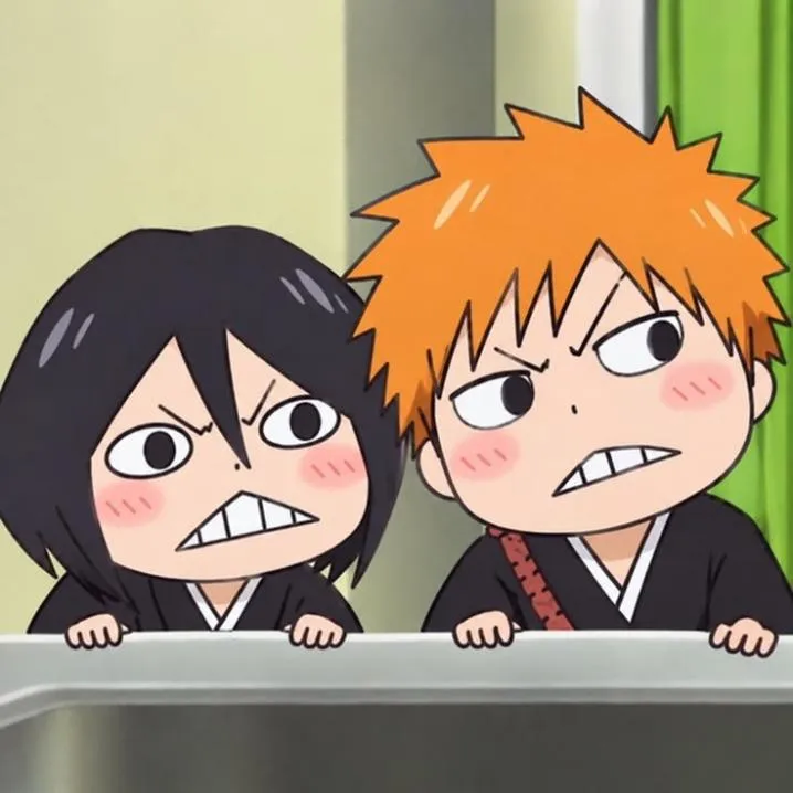Bleach PFP #1: Chibi Ichigo and Rukia in black robes peek over a ledge with gritted teeth and pink blushing cheeks.