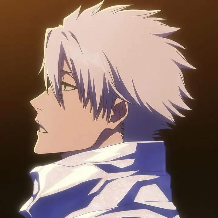 Bleach PFP #10: An older Toshiro with silvery white hair looks up in side profile, wearing a high white and blue collar against a warm brown background.
