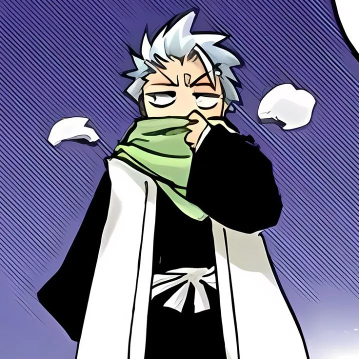 Bleach PFP #11: Toshiro with white hair and an annoyed look pulls a green scarf over his mouth in a white captain's coat on a purple background.