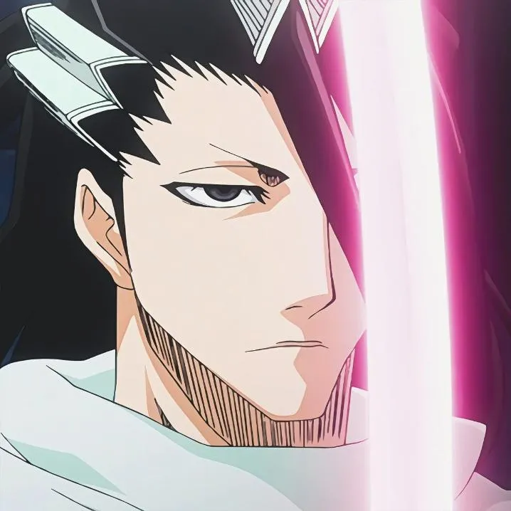 Bleach PFP #12: Byakuya with long black hair and white hair pieces stares ahead beside a glowing pink blade that hides half of his face.