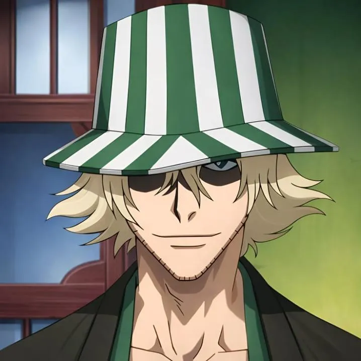 Bleach PFP #13: Urahara with shaggy blond hair smiles under a green and white striped bucket hat that shades his eyes, in a dark green coat.