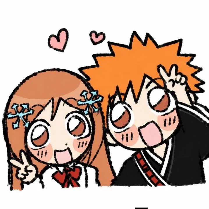 Bleach PFP #14: Chibi Ichigo and Orihime make peace signs with wide sparkling eyes and open mouths under two small pink hearts on a white background.
