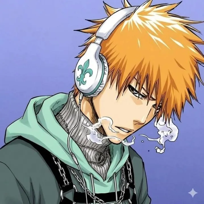 Bleach PFP #15: Ichigo with spiky orange hair wears white headphones, a mint hoodie and silver chains as white puffs of breath drift on a lavender background.