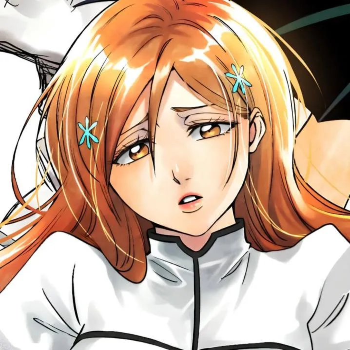 Bleach PFP #16: Orihime with long orange hair and blue flower hairpins looks worried, her lips parted, in a white high-collared outfit.