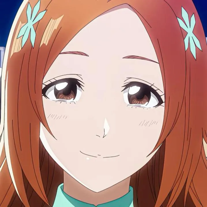 Bleach PFP #17: Orihime with long auburn hair and pale blue flower hairpins smiles softly with teary brown eyes against a dark blue background.